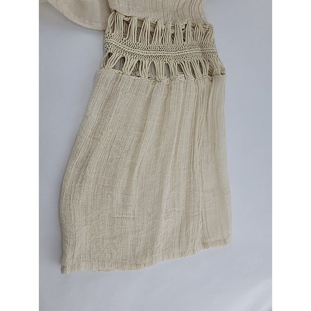 Mystic Prysm Boho Crochet Lace Bell Sleeve Beige Cream Peasant Top Sz M Gauzy - Picture 7 of 9